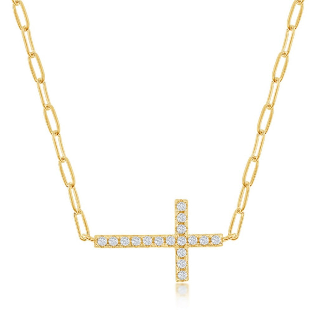S925- Sideways Cross Paperclip Necklace - Gold Plated image 0