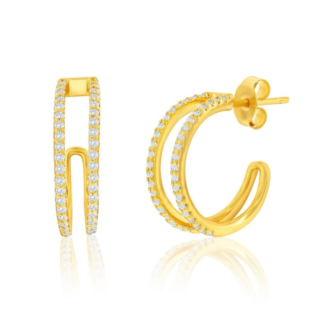 S925- Double Row CZ Earrings - Gold Plated image 0